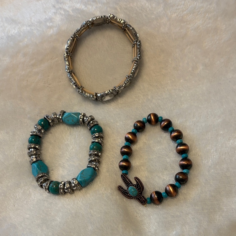 Turquoise, rhinestone, and brown bracelet set of 3